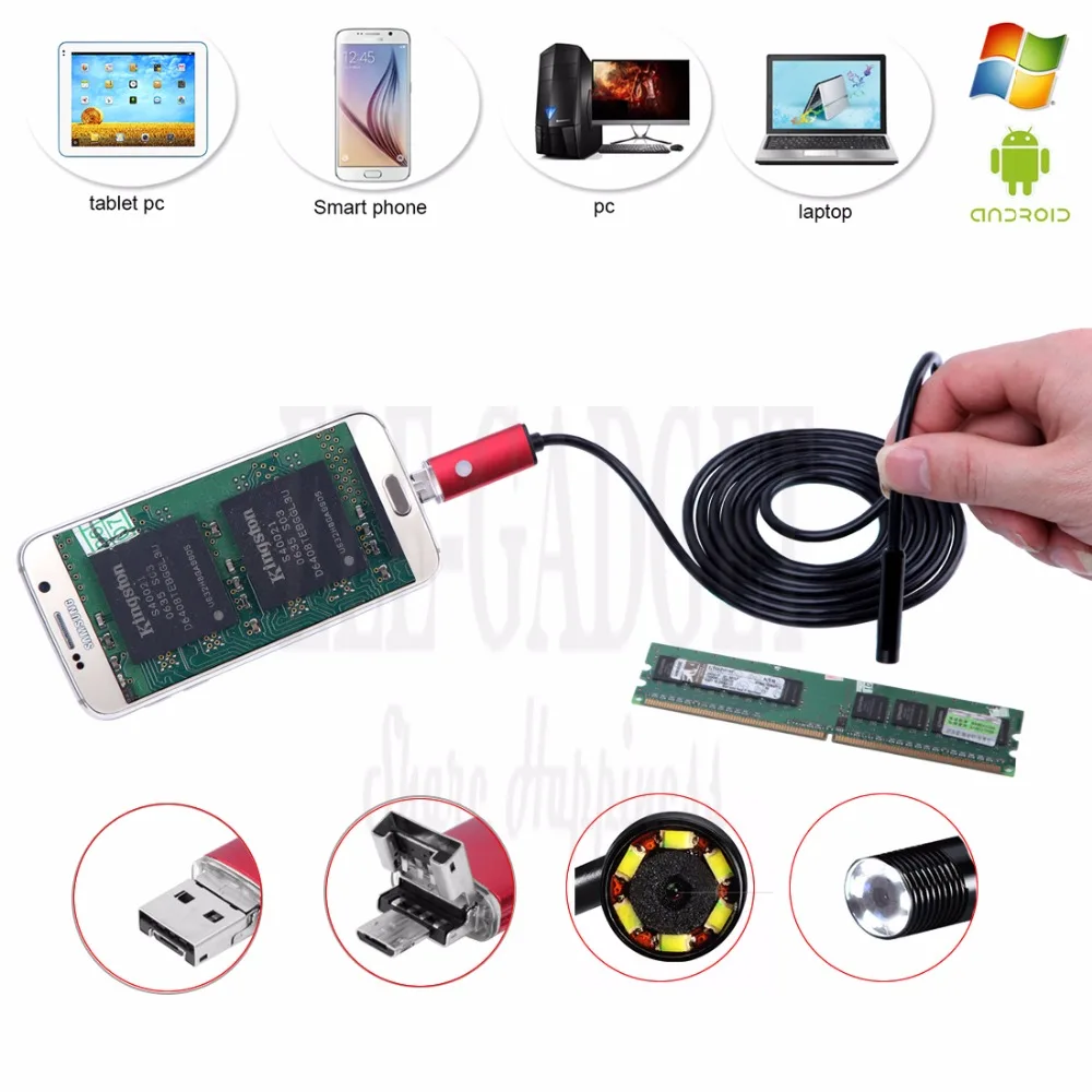 

2-5-10M Red 2-In-1 Android Endoscope Camera Connector Android Borescope Inspection Camera For Car Repairing Pipe Examine PC