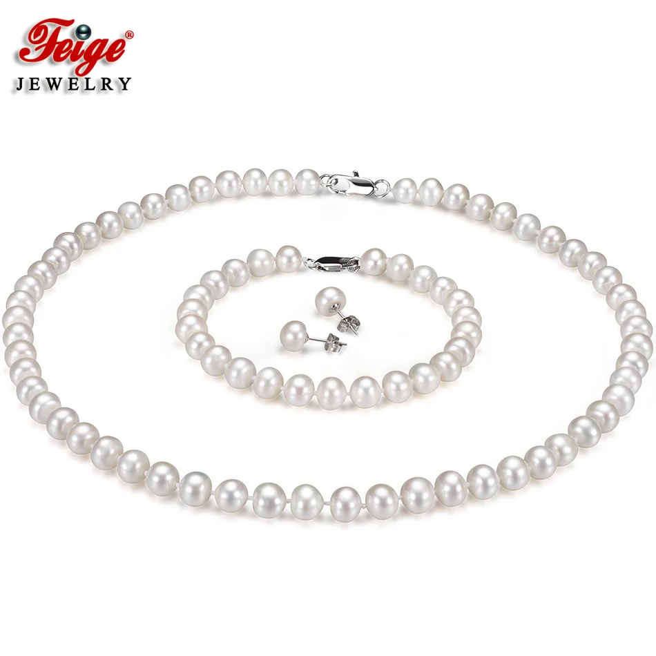

FEIGE Pearl Jewelry Set 8-9MM AAA White Freshwater Pearl Necklace Sets For Women 925 Sterling Silver Earring Lady Best Gifts