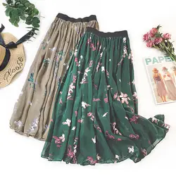 2019 летние юбки Для женщин деним лоскутное шифон Цветочные Длинные юбки с принтом пляжный с завышенной талией юбка