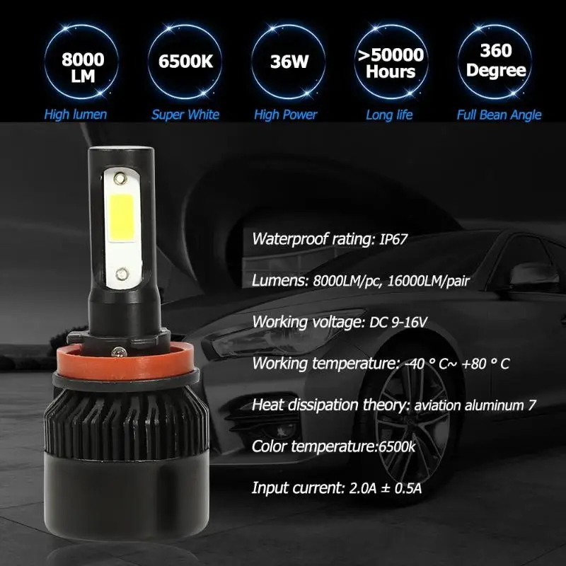2 шт. Автомобильные светодиодные лампы S2 Серия COB H1 / H11 H7 9005/9004/H13/ H4/9006 9007