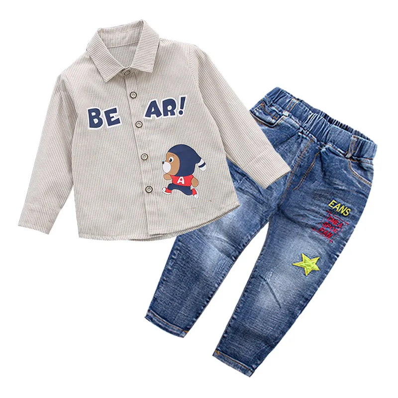 Детская одежда г. Осенняя Модная хлопковая рубашка с длинными рукавами для маленьких мальчиков+ джинсы, комплект одежды, Костюм Джентльмена для мальчиков, От 1 до 5 лет