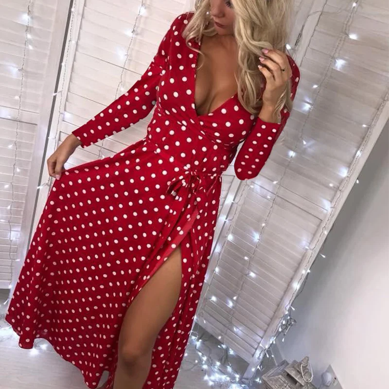 Qunndy 2018 Sexy Long Sleeve V Neck Long Party Maxi Dresses Polka Dot Print Beach Bohemian Vintage Dress Women Casual Vestidos (5)