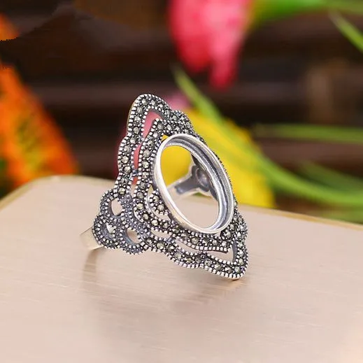 

925 Sterling Silver Art Nouveau 10x14mm Oval Cabochon Semi Mount Women Ring Fine Jewelry Setting Vintage