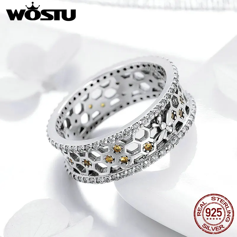 WOSTU Настоящее 925 пробы серебряные соты дизайн 7 мм роскошные кольца для женщин Серебряные Модные 925 ювелирные изделия подарок CQR391