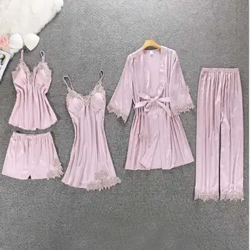 

Women's Satin Silk Lace Patchwork Pajamas Suit Spring Nightgown Nightie Summer Pajama Sets Womens 2020 Home Clothes 5 Pieces