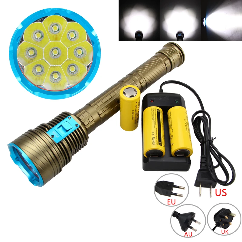 

Free Shipping Waterproof 100m 20000LM 9X XM-L LED 3-mode Diving Flashlight Torch Dive 26650 Battery