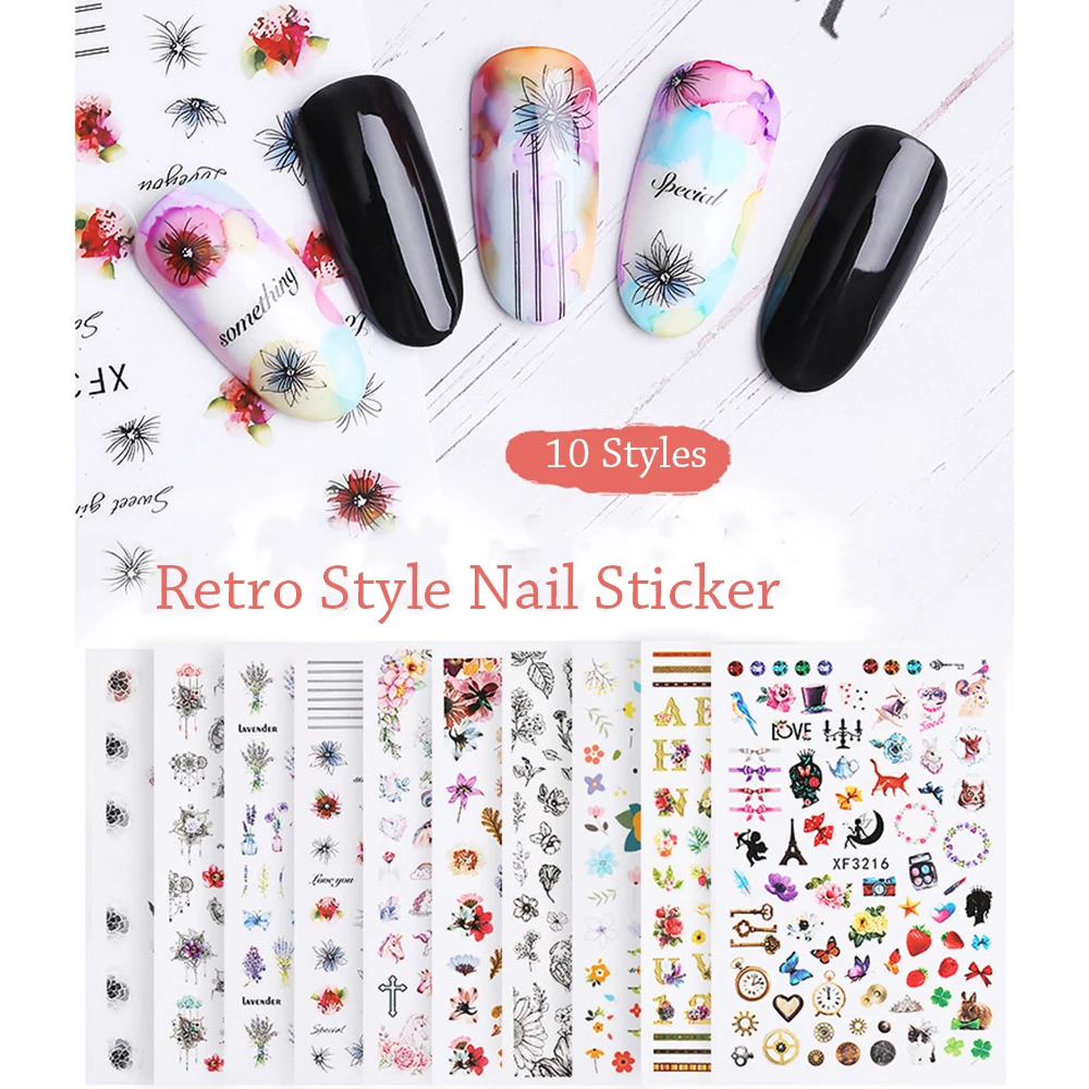 

1 Pcs Retro Style 3D Nail Sticker Nail Art Adhesive Decor Tips Colorful Pattern Design For DIY Decal Manicure Nail Care Sticker