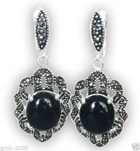 

Vintage 925 Sterling Silver Natural Black Agate Gems Marcasite Dangle Earrings