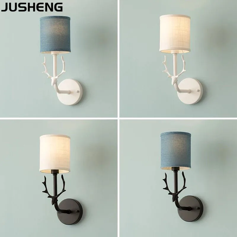 JUSHENG Modern LED simple wall lamp creative deer head fabric lampshade living room bedroom bedside lamp background lighting