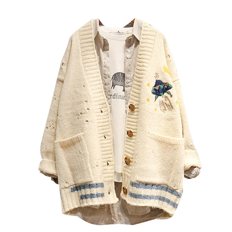 

2018 Autumn Winter Women Sweater Cardigans Cartoon Embroidery Cardigans Poncho Single Breasted Knit Sweater Harajuku Out Top