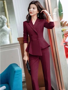 Elegant Maroon Red Formal Uniform Designs Pantsuits With Jackets And Pants Women Business Suits OL Styles Ladies Blazers