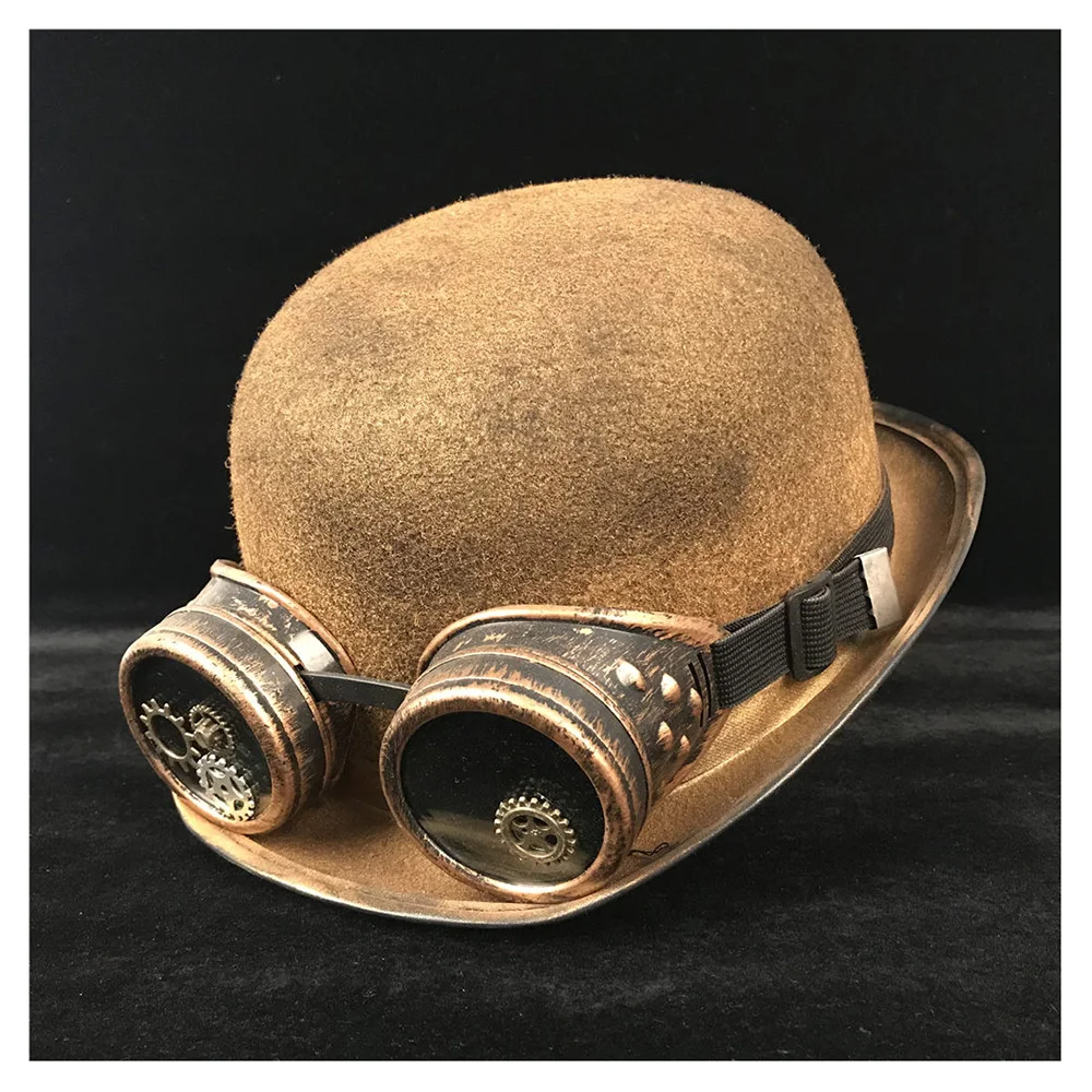 

Women Men Steampunk Bowler Hat Handmade Steampnk Gear Glasses Cosplay Gold Billycock Groom Hats