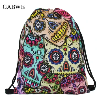 

GABWE Fashion Women Skull Drawstring Bags 3D Printed Drawstring Backpack Travel Sack Bag Softback Mochilas