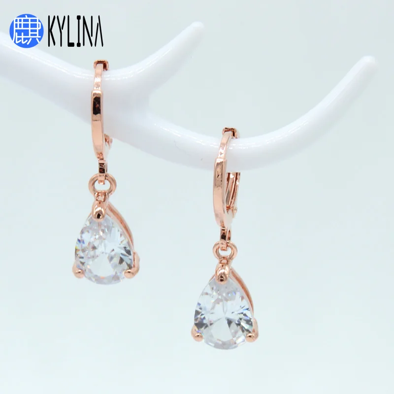 

KYLINA 2019 Classic Colorful Water Drop Zirconia Dangle Earrings 585 Rose Gold Fashion Eardrop For Women Girl Party Jewelry