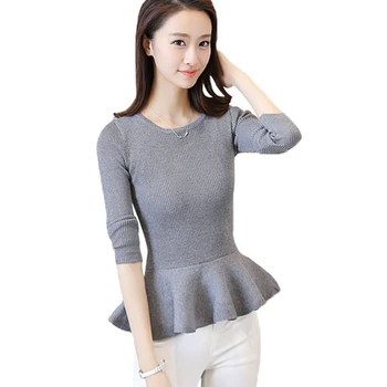 

Autumn 2019 Women Sweater Ruffles Peplum Skirt Hemline Long Sleeve Solid Knitted Tricot Pullover Jumper C78401