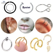 8 шт./компл. простой лист поддельные кольцо для носа и уха манжеты серьги клипсы спирали пирсинг для пупка Серьги Поддельный пирсинг кольцо для пирсинга губ, ювелирное изделие для тела
