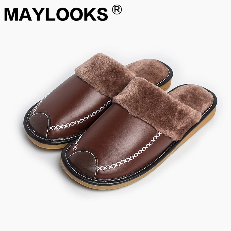 Men&#39;s Slippers Winter Pu Leather Thick With Plush Home Indoor Non slip Thermal Slippers 2018 New ...