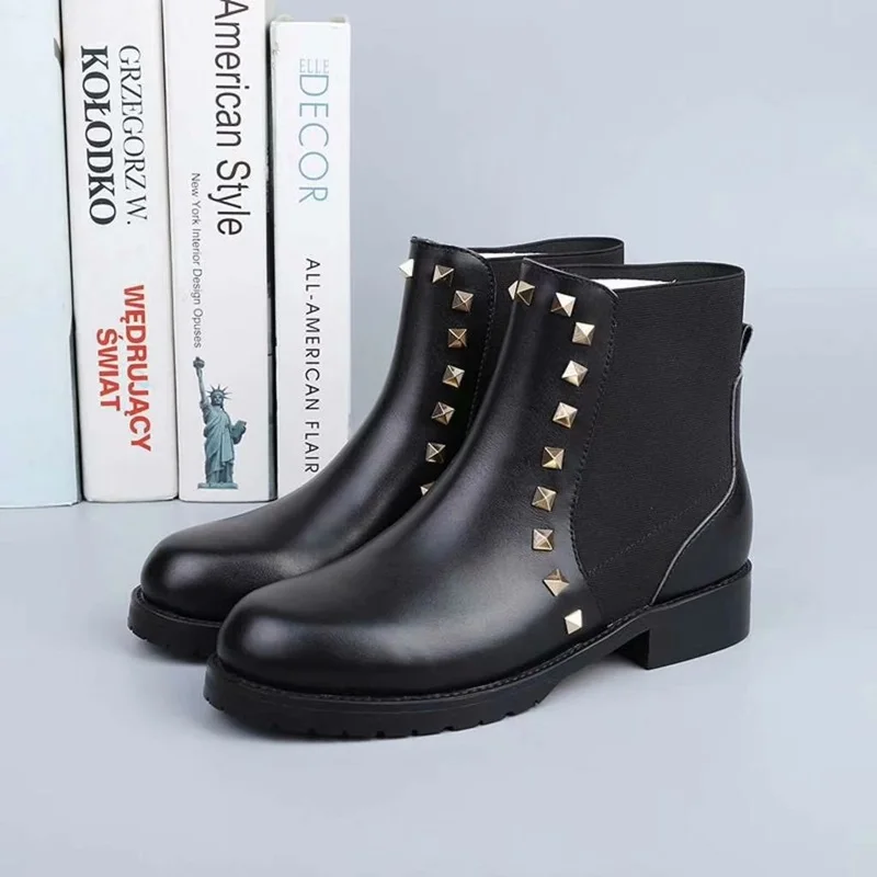 40 Picture Rivet Marque Cuir Véritable Chelsea Femmes Peep En Mode Cheville Pour As Bottes De Luxe Toe Talons Plats Taille 35 35q4ARjL