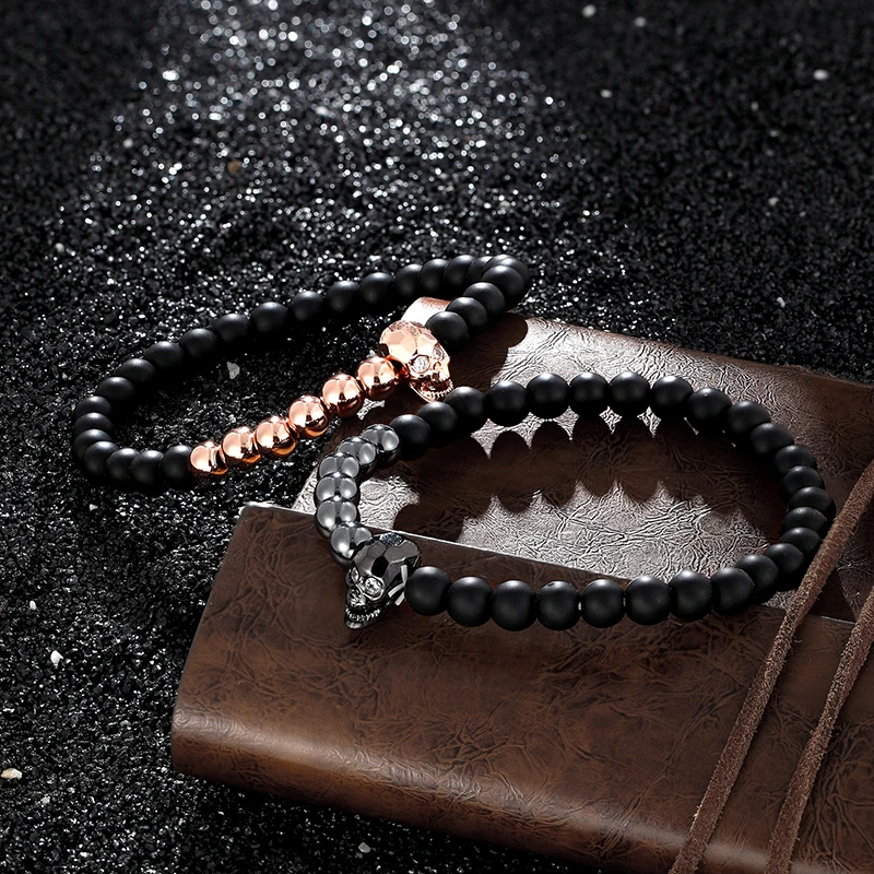 LIVVY Шарм панк металлическая улыбка череп браслет набор эластичные черные бусины мужской браслет набор Мужские аксессуары для рук ювелирный подарок
