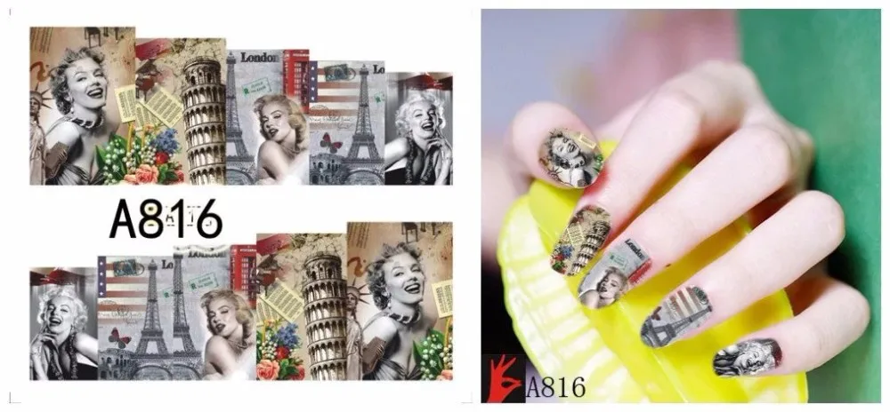 12 листов водная наклейка для ногтей наклейки для ногтей слайдер татуировки Полное покрытие красота Мэрилин Монро A805-816