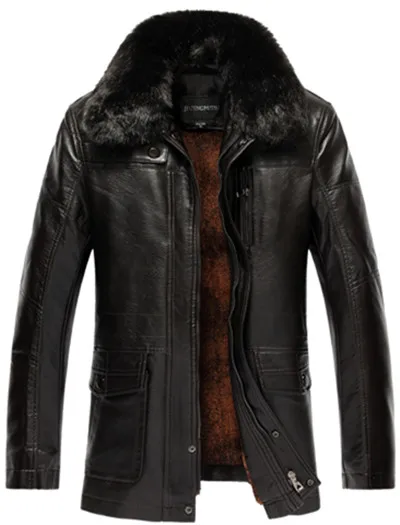 MOGU Leather Jack Мужская зимняя куртка размера плюс 7XL с меховым воротником Куртки из искусственной кожи для мужчин одноцветные Длинные мужские теплые пальто - Цвет: dark brown