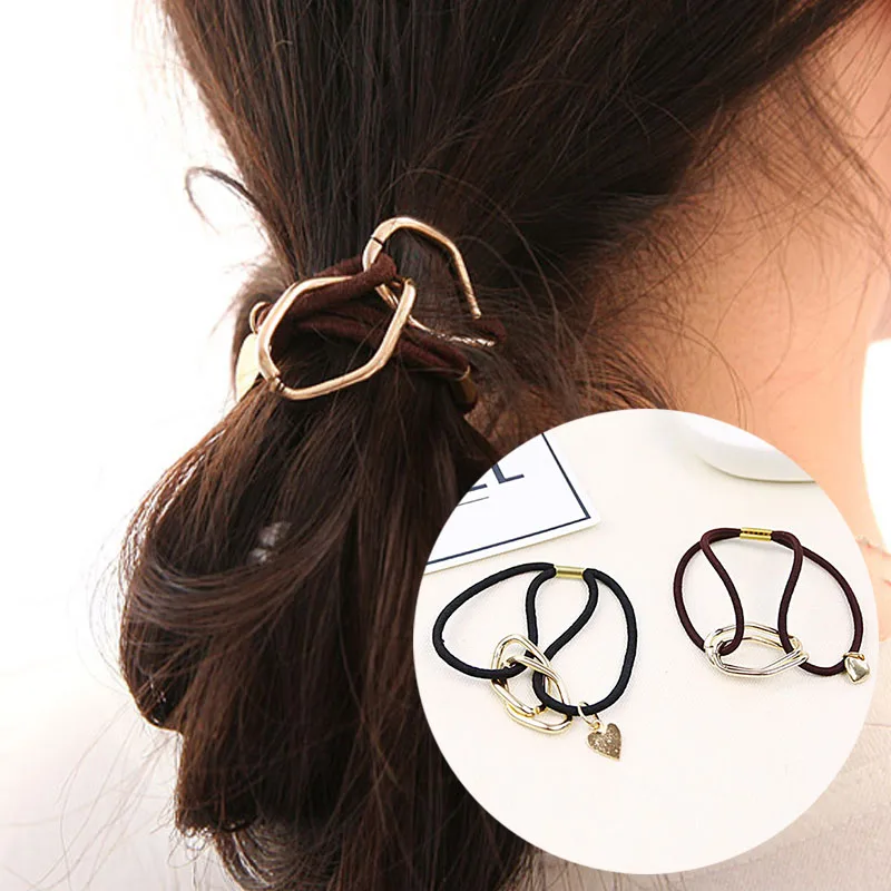 

1PC Cute Simple Heart Shape Metal Elastic Hair Rubber Bands Punk Style Hairband Scrunchy Headbands Jewelry Rings For Women