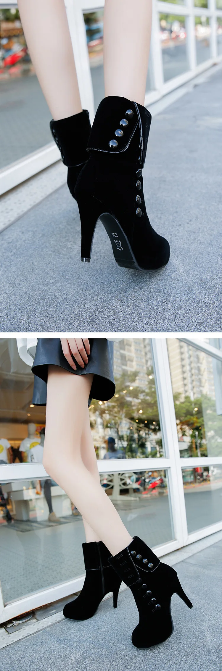 Fashion Women Ankle Boots High Heels Fashion Red Shoes Woman Platform Flock Buckle Boots Ladies Shoes Female PLUE 42