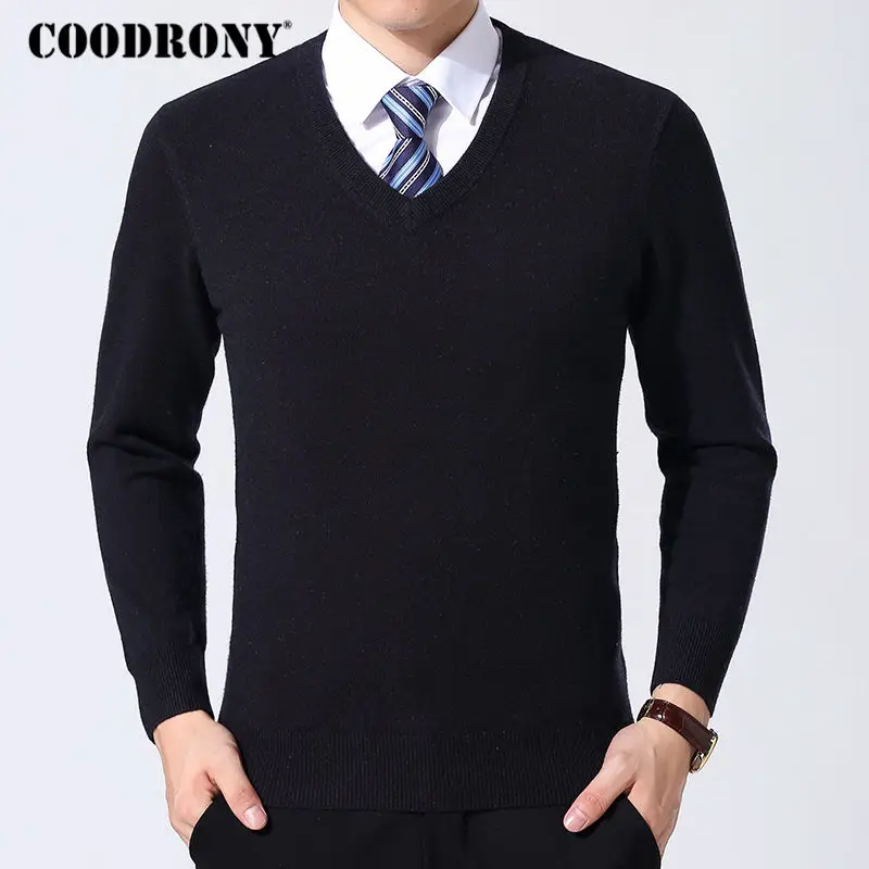 COODRONY свитер Мужская одежда осень зима кашемировый шерстяной пуловер Свитера размера плюс деловые повседневные с v-образным вырезом мужские 8128 - Цвет: Черный