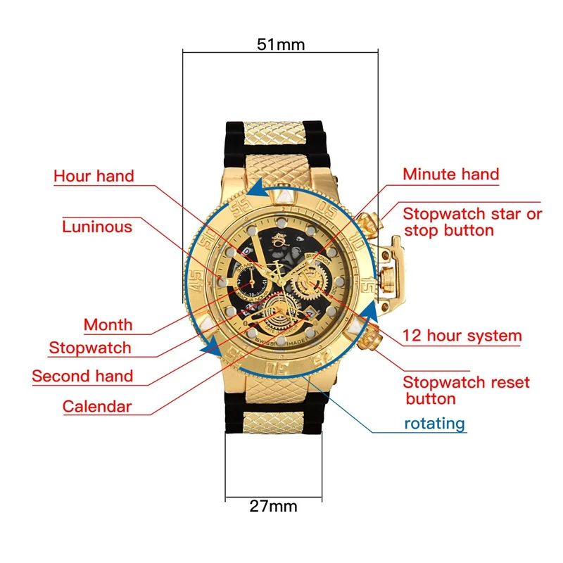 Стиль неизбитая модель супер вращающаяся шкала секундомер светящийся календарь многофункциональные Мужские кварцевые часы