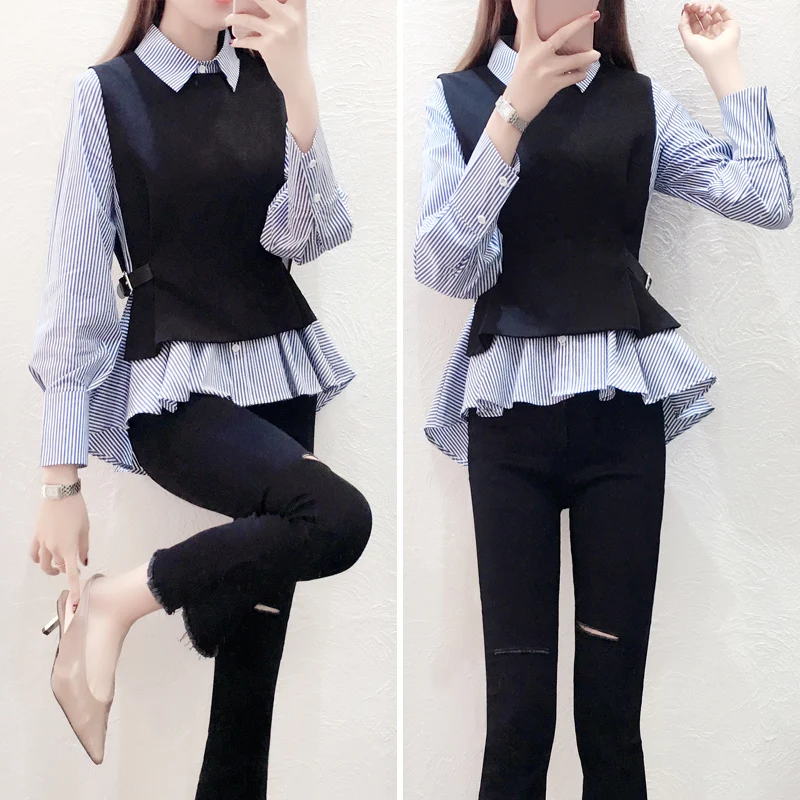 Female Patchwork Shirt Womens Tops Office Blouse Fake Collar ladies Blue Stripe Slim Casual Autumn Warm Shirts Long Sleeve 2PC Female Patchwork Shirt Womens Tops Office Blouse Fake Collar ladies Blue Stripe Slim Casual Autumn Warm Shirts Long Sleeve 2PC