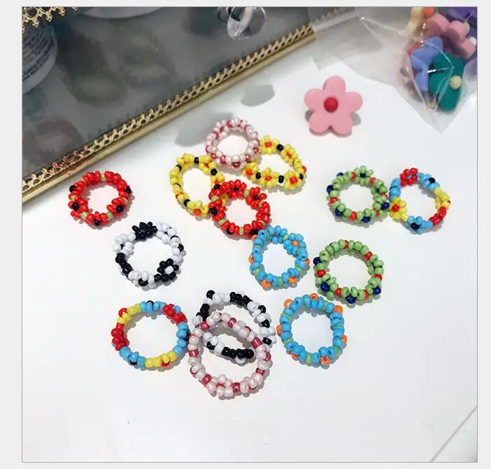 

Girl Heart Ring Ins Super Fairy Flower Ring IU Beaded Weave Color Ring