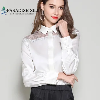 

Women Blouse Real Silk Stretch Satin Long Sleeve Lady Hollow-out Shoulder Shirt Size L XL XXL XXXL