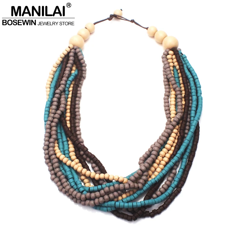 MANILAI Bohemia Multilayer Wood Beaded Necklace Woman Fashion Handmade Multicolor Bead Statement Chokers Necklace Jewelry 2018