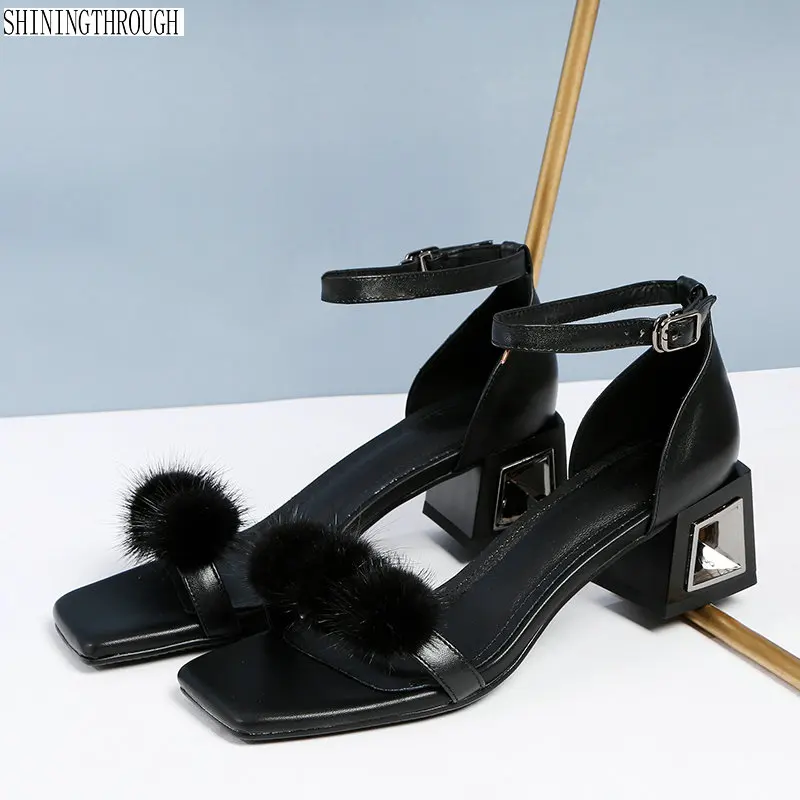 

Elegant Sandals Womens Genuine Leather Chunky Square Heel Gladiator Rome ankle strap Sandals Shoes Woman size 41 42 43