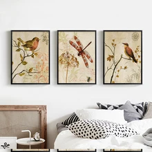 HAOCHU Triptych American Vintage Watercolor Birds On Tree Canvas Painting Art Print Poster Animal Wall Picture Home Decor