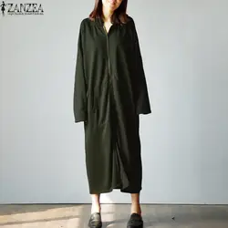 Осень 2019 г. ZANZEA тонкая куртка для женщин толстовки, Повседневная Толстовка Карманы с длинным рукавом платье капюшоном на молнии плюс