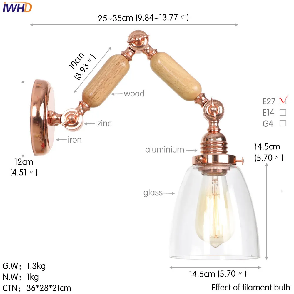 IWHD деревянный рокер Arm светодиодный настенный светильник простой стеклянный Wandlamp винтажный Регулируемый Настенный светильник Домашнее