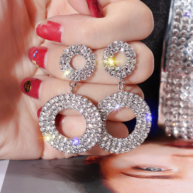 New Trendy Female Geometric Circle Round Drop Earrings Wedding Jewelry Ladies Crystal Rhinestone For Women Korean Style | Украшения и
