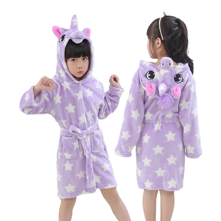 Детский халат для девочек, пижамы с кигуруми Единорог, Детские флисовые халаты для мальчиков, ночная рубашка, детская одежда для сна, банный халат с капюшоном - Цвет: purple star