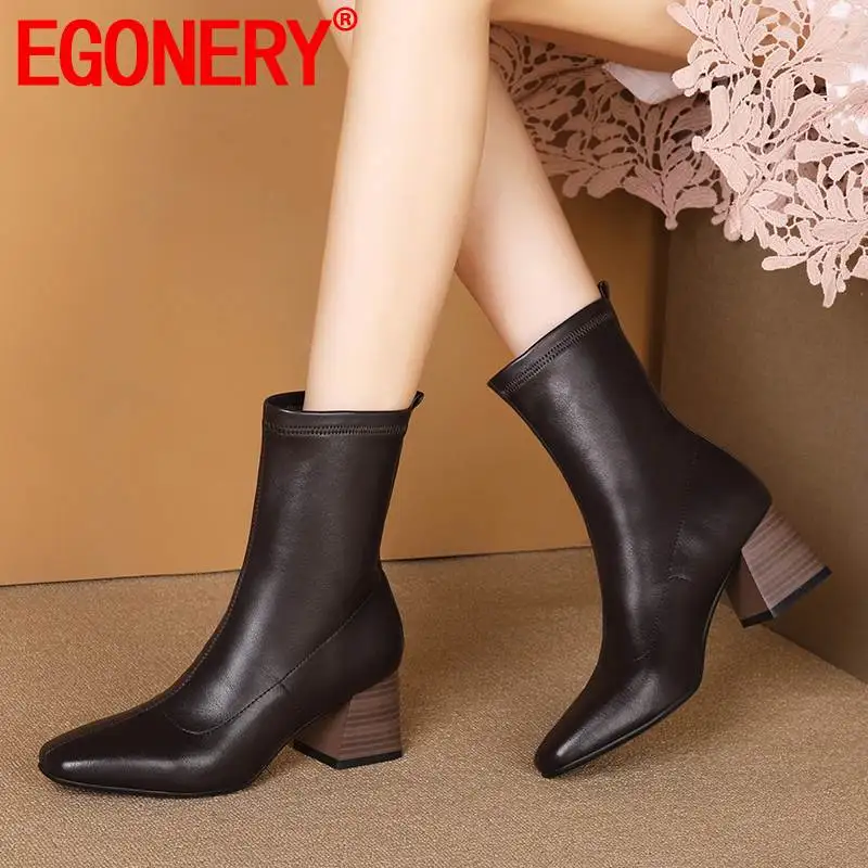 

EGONERY fashion winter boots Matte flock leather 6 cm high heels office Square toe woman shoes black gray Brown mid-calf boots