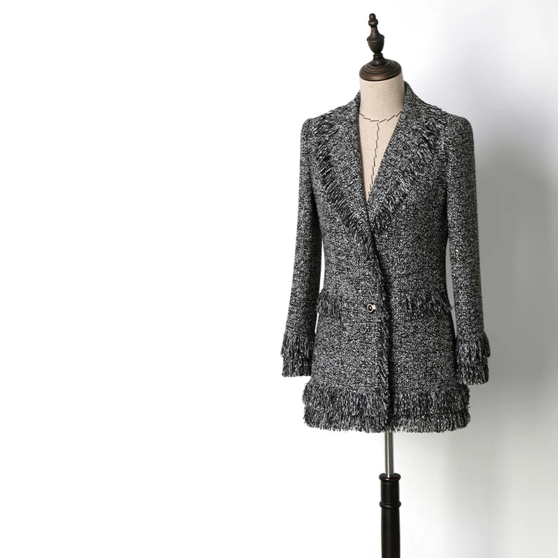 

High Quality Brand Designer 2019 Autumn Winter Women Tassel Tweed Coats Vintage Medium Long Ladies Blazers Jacket Grey Y083