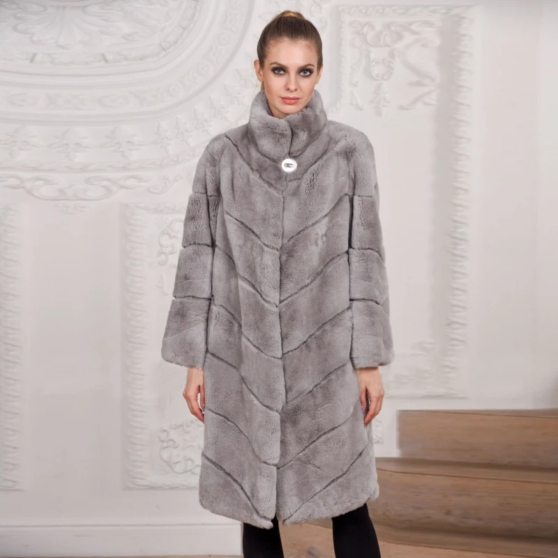 2018 Fashion Women Real Fur Coat Nature Fur From Rex Rabbit Fur Creative Twill Long Jackets With Stand Collar Autumn Winter Tops