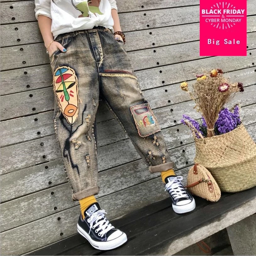 Kopen Lente Nieuwe Jeans Womens Wash Borduren Ripped Denim Broek Vrouwen Mode Rits Elastische Taille Gat Cowboy Harembroek L129