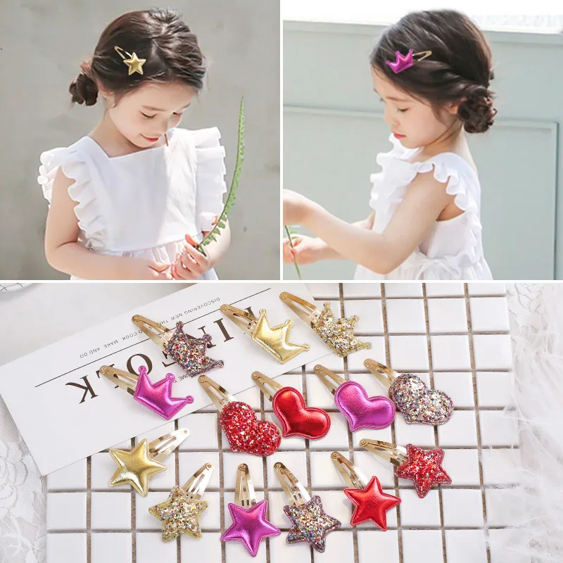 

2Pcs /Set Korean Baby Hair Clips For Girls Hair Accessories Shiny Heart Star Crown Hairgrips Kids Hairpins