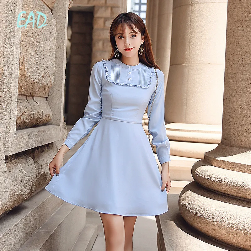EAD Elegant Ruffle Slim Women Vintage Dress Party Solid Long Sleeve Spring Blue Dresses Office Lady Summer Button Female Vestido EAD Elegant Ruffle Slim Women Vintage Dress Party Solid Long Sleeve Spring Blue Dresses Office Lady Summer Button Female Vestido