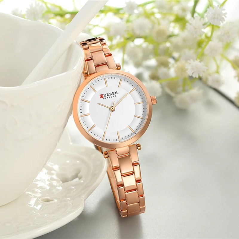 Curren Роскошные, брендовые минималистичные Кварцевые часы Женские часы из розового золота с браслетом повседневные тонкие часы для дам Наручные часы со стальной
