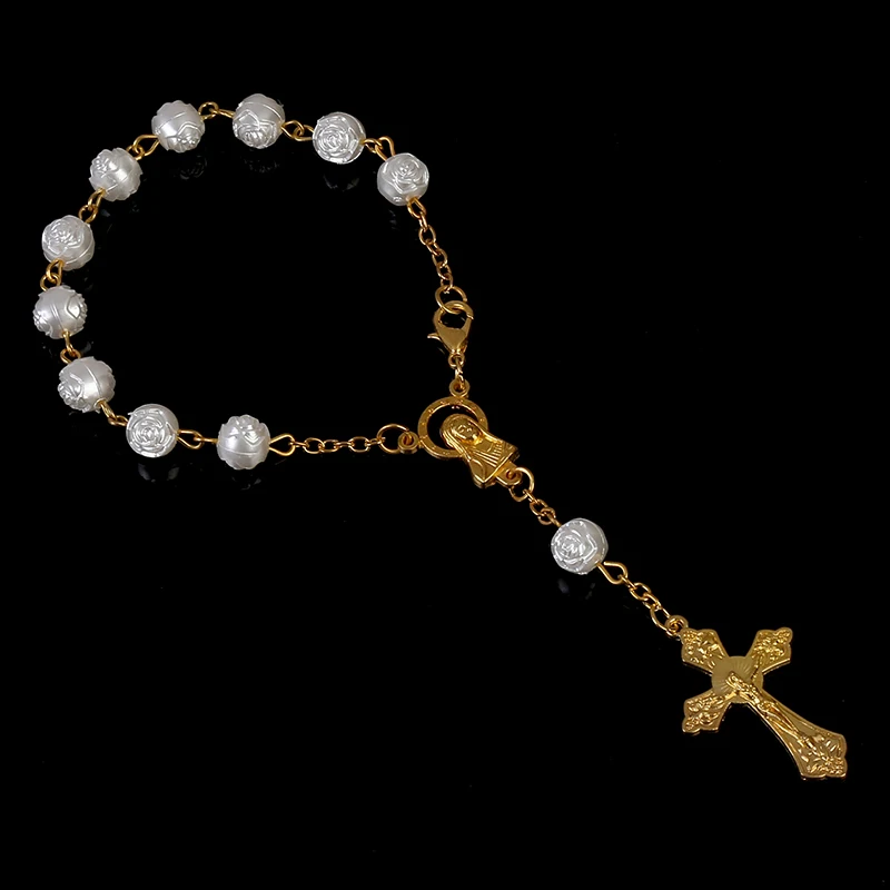 Jesus Cross Rosary Bracelet White Rose Beads Golden Heart Saint Mercy Icon Religious Bead | Украшения и аксессуары