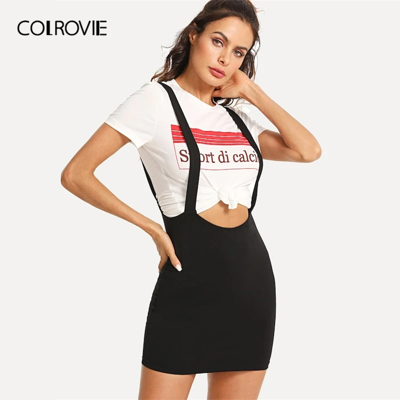 Черная однотонная облегающая юбка COLROVIE на бретелях с высокой талией Женская
