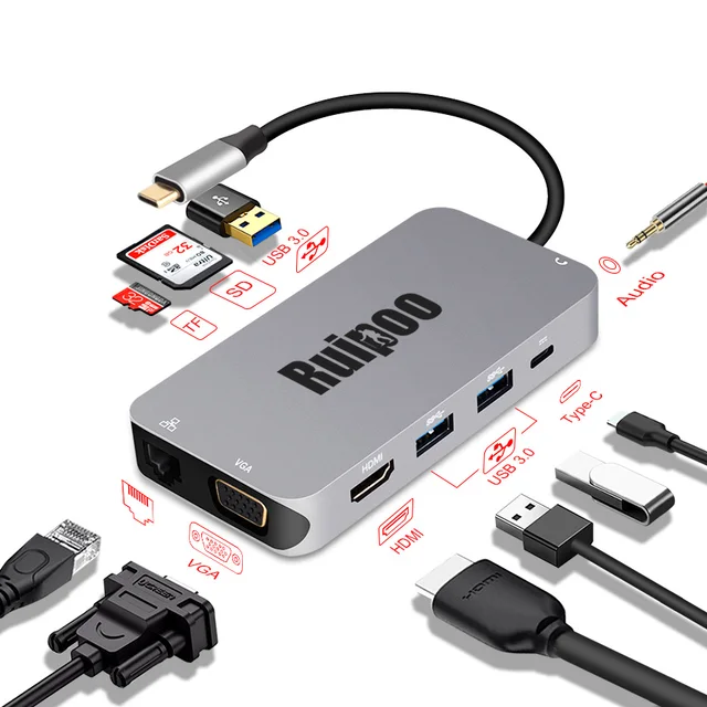 $US $33.58  Thunderbolt 3 Dock to HDMI 4K*2K VGA RJ45 TF SD Reader Slot USB C Converter Adapter for MacBook Sam