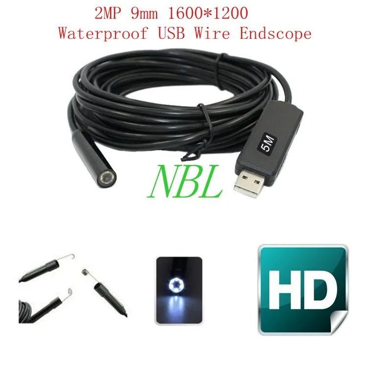5M HD Borescopes Waterproof Wire Endoscope 1/6 CMOS 2MP 9mm 6 LEDs USB Borescope Camera High Resolution 1600*1200